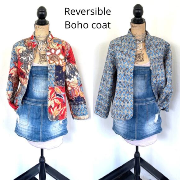 BOHO jacket MEDIUM reversible quilted summer jacket blazer size MEDIUM blue red - Picture 1 of 16